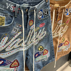 Vale Forever American High Street Embroidered Badge Cowboy Shorts Men's and Women's Trendy Brand Vintage Pentagram Pants Summer