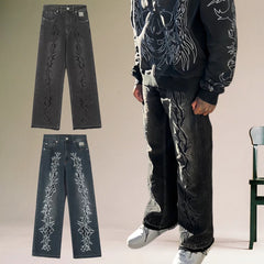 REVENGE American Hip Hop Jeans Correct Edition Thorn Embroidered Washed Street Trendy Straight Casual Pants
