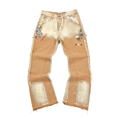 GALLERY DEPT Ink Splashing Graffiti Micro Horn Splicing Casual Loose Jeans Pants Men and Women Piercing Beggar (68)