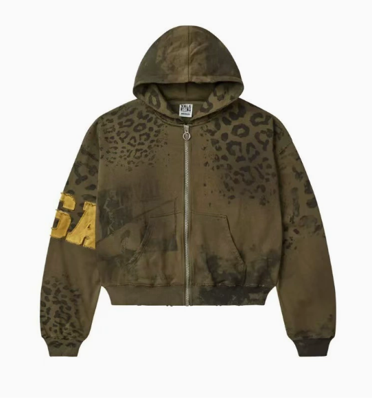 Vale Forever Leopard & Vintage Wash Full-Zip Hoodie khaki