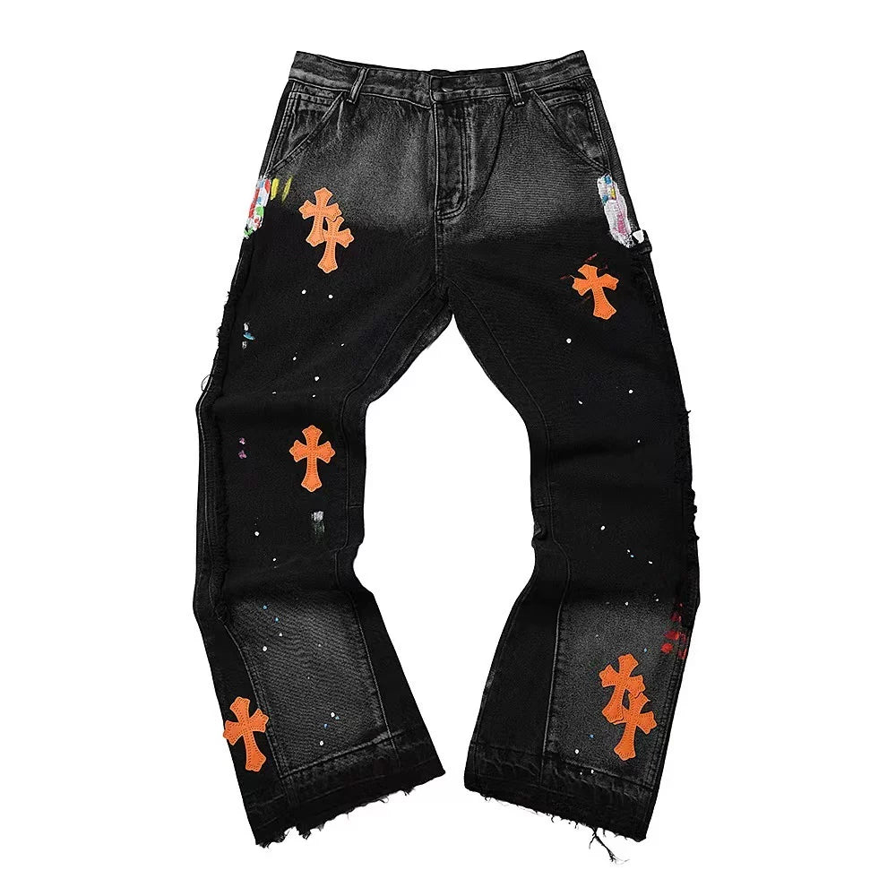 GALLERY DEPT Ink Splashing Graffiti Micro Horn Splicing Casual Loose Jeans Pants Men and Women Piercing Beggar (15)