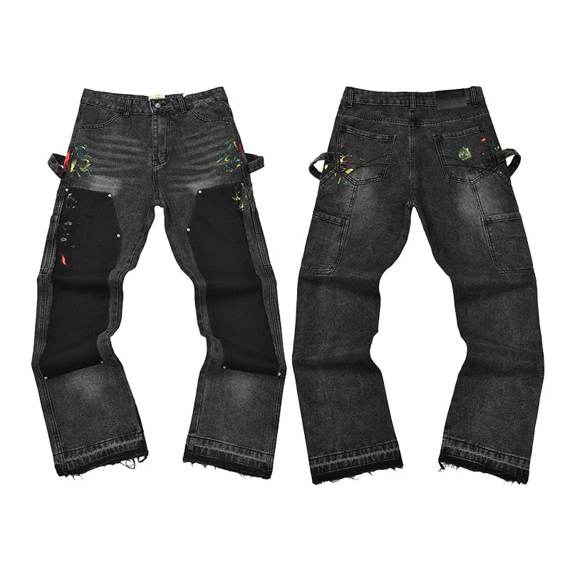 GALLERY DEPT Ink Splashing Graffiti Micro Horn Splicing Casual Loose Jeans Pants Men and Women Piercing Beggar (2)