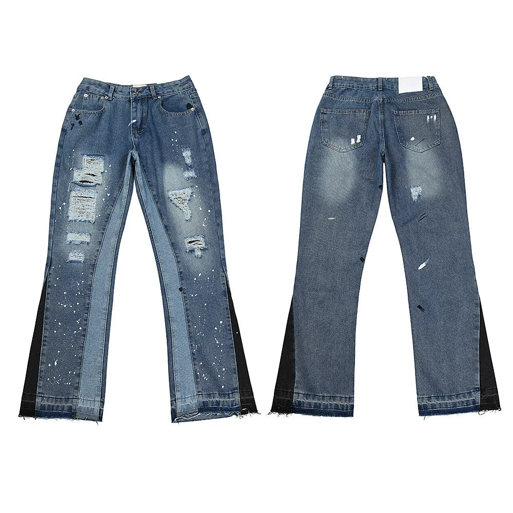 GALLERY DEPT Ink Splashing Graffiti Micro Horn Splicing Casual Loose Jeans Pants Men and Women Piercing Beggar (77)