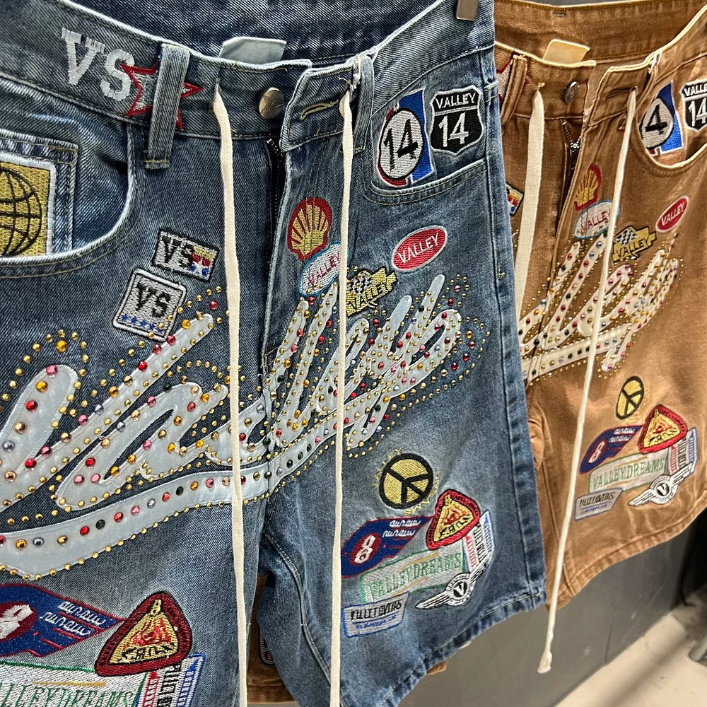 Vale Forever American High Street Embroidered Badge Cowboy Shorts Men's and Women's Trendy Brand Vintage Pentagram Pants Summer