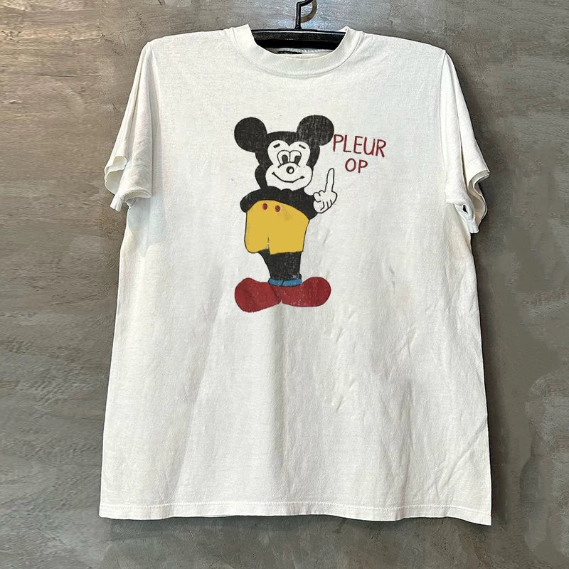 Oldschool college style cartoon anime peripheral texture short sleeved vintage couple five quarter sleeve T-shirt