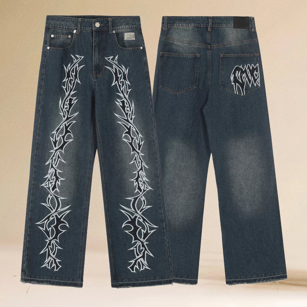 REVENGE American Hip Hop Jeans Correct Edition Thorn Embroidered Washed Street Trendy Straight Casual Pants