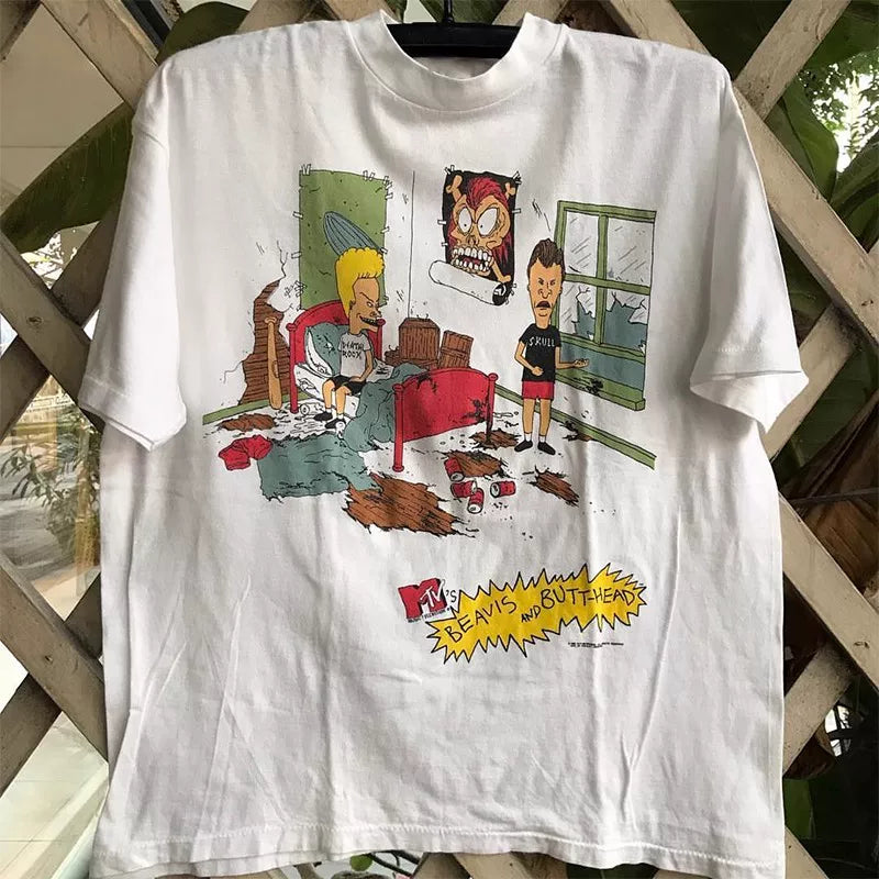 Beavis and Butshead's Flat Four and Big Head Egg Cartoon Anime Academy Style Men's and Women's Pure Cotton Short sleeved T-shirt