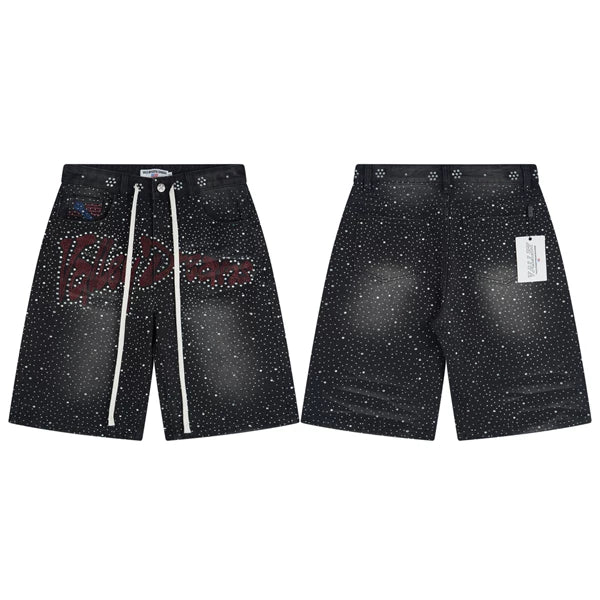 Vale Valley Forever full width hot stamping denim shorts for men and women, loose straight leg casual six quarter pants