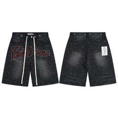 Vale Valley Forever full width hot stamping denim shorts for men and women, loose straight leg casual six quarter pants