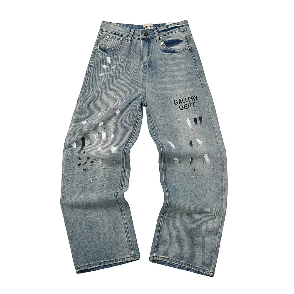 GALLERY DEPT Ink Splashing Graffiti Micro Horn Splicing Casual Loose Jeans Pants Men and Women Piercing Beggar (74)