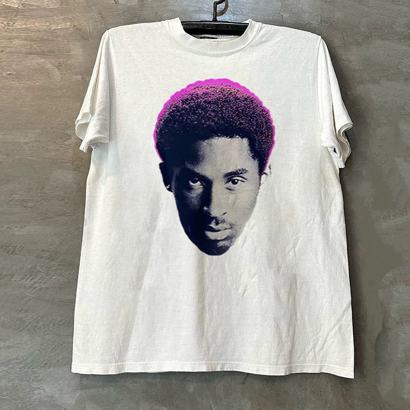 Kobe Big Head Portrait Chic Hip Hop Short Sleeve American Vintage Men's and Women's Retro Wave Phantom Font Star T-shirt