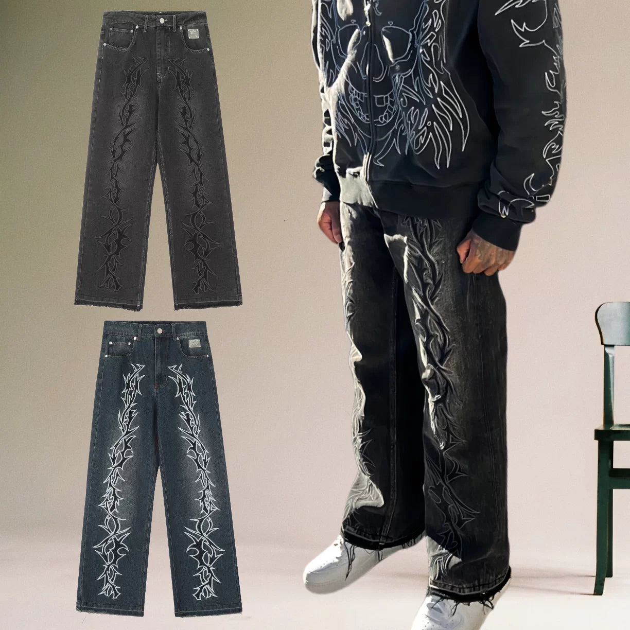 REVENGE American Hip Hop Jeans Correct Edition Thorn Embroidered Washed Street Trendy Straight Casual Pants