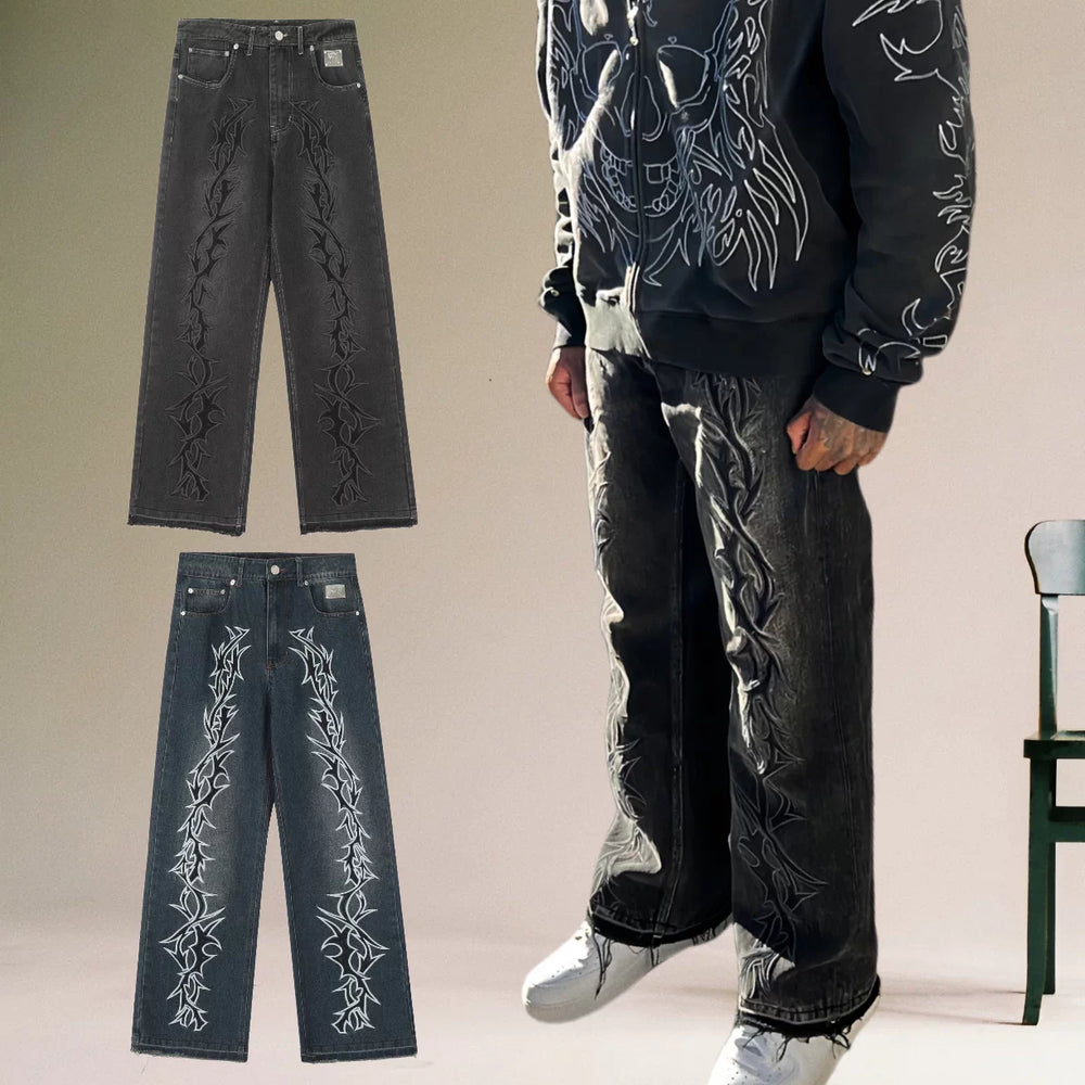 REVENGE American Hip Hop Jeans Correct Edition Thorn Embroidered Washed Street Trendy Straight Casual Pants
