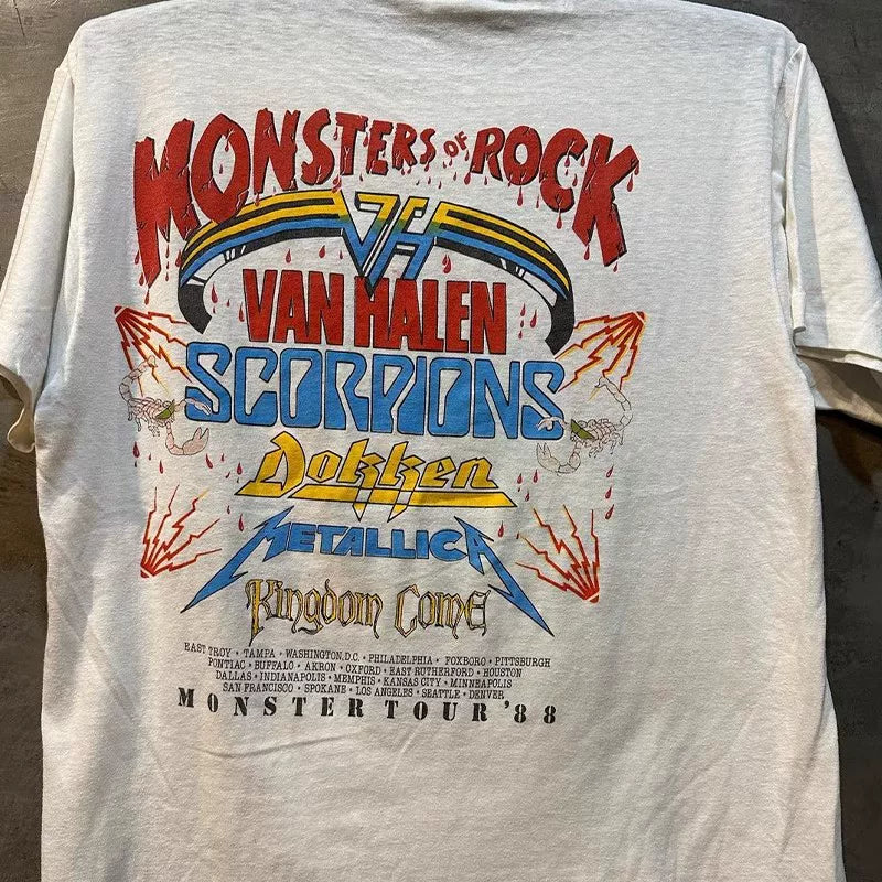 Monsters Of Rock, a veteran metal rock band, is a short sleeved vintage American retro T-shirt for men