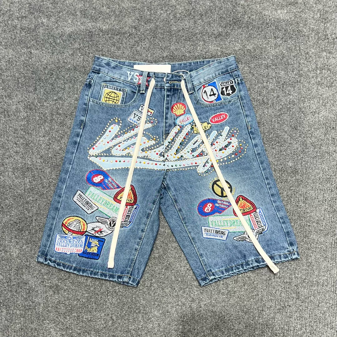 Vale Forever American High Street Embroidered Badge Cowboy Shorts Men's and Women's Trendy Brand Vintage Pentagram Pants Summer