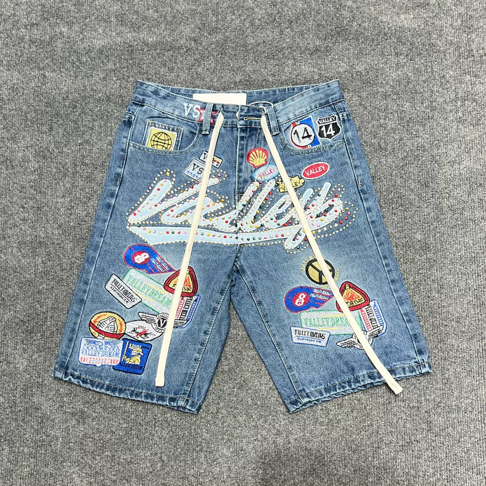 Vale Forever American High Street Embroidered Badge Cowboy Shorts Men's and Women's Trendy Brand Vintage Pentagram Pants Summer
