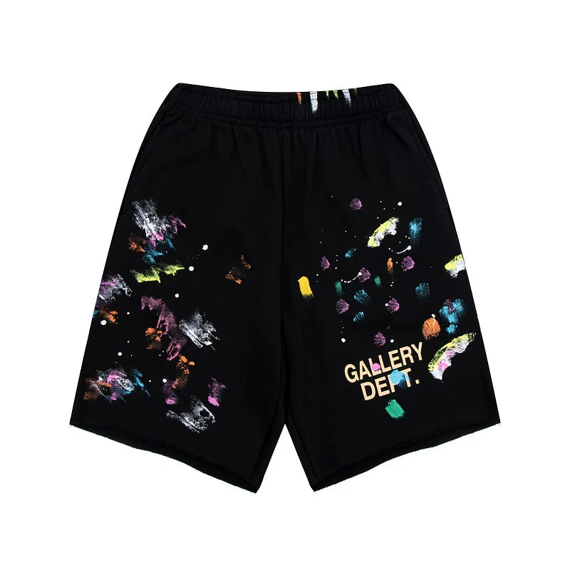 GALLERY DEPT shorts, trendy high street hip-hop casual, splashed ink graffiti, loose cotton drawstring five quarter pants for men