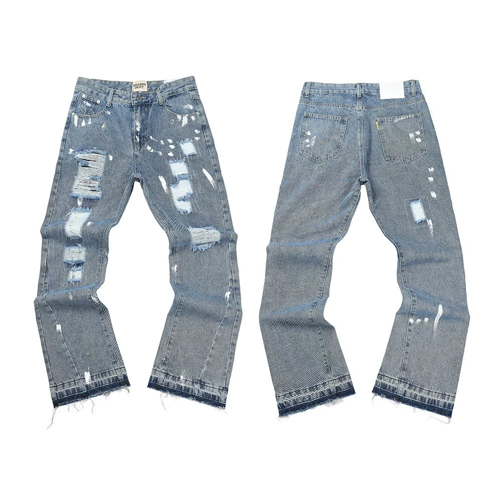 GALLERY DEPT Ink Splashing Graffiti Micro Horn Splicing Casual Loose Jeans Pants Men and Women Piercing Beggar (51)