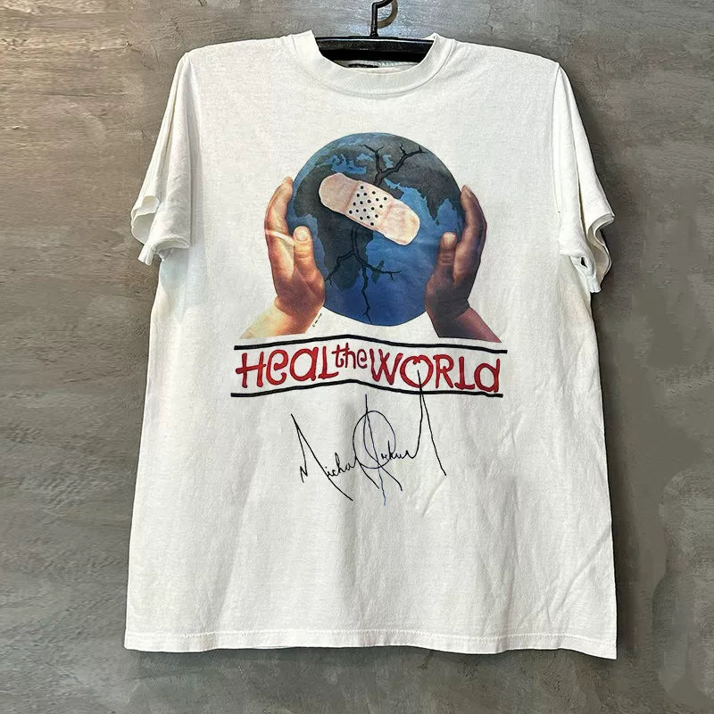 Heal the World Michael Jackson Album Cover Short Sleeve T-shirt Vintage Handsome Half Sleeve Trendy