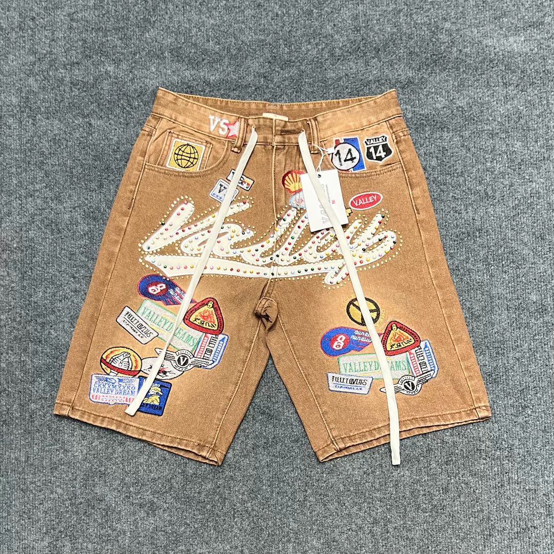 Vale Forever American High Street Embroidered Badge Cowboy Shorts Men's and Women's Trendy Brand Vintage Pentagram Pants Summer