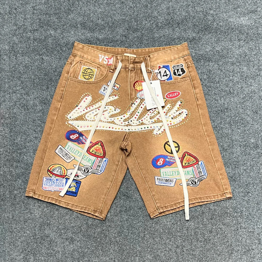 Vale Forever American High Street Embroidered Badge Cowboy Shorts Men's and Women's Trendy Brand Vintage Pentagram Pants Summer