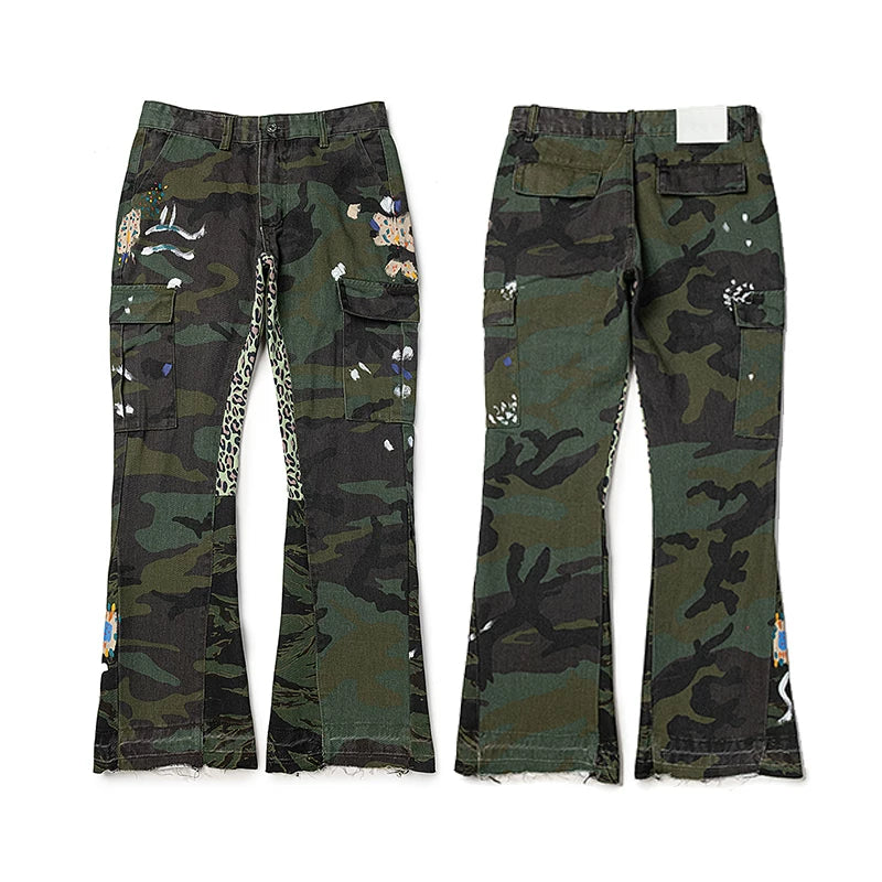 GALLERY DEPT Ink Splashing Graffiti Micro Horn Splicing Casual Loose Jeans Pants Men and Women Piercing Beggar (36)