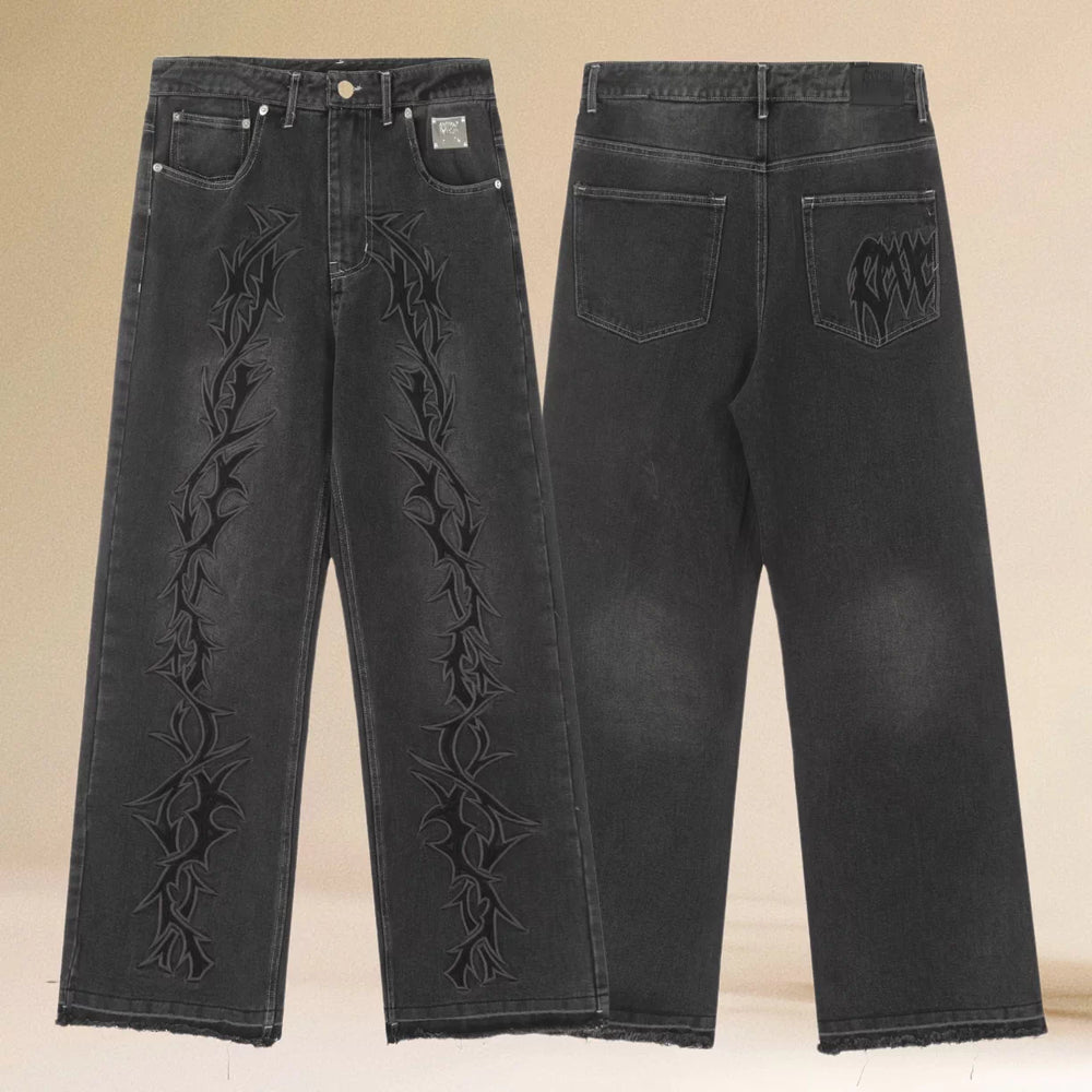 REVENGE American Hip Hop Jeans Correct Edition Thorn Embroidered Washed Street Trendy Straight Casual Pants
