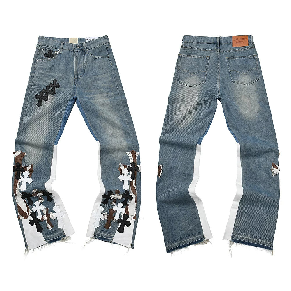 GALLERY DEPT Ink Splashing Graffiti Micro Horn Splicing Casual Loose Jeans Pants Men and Women Piercing Beggar (78)