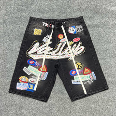 Vale Forever American High Street Embroidered Badge Cowboy Shorts Men's and Women's Trendy Brand Vintage Pentagram Pants Summer