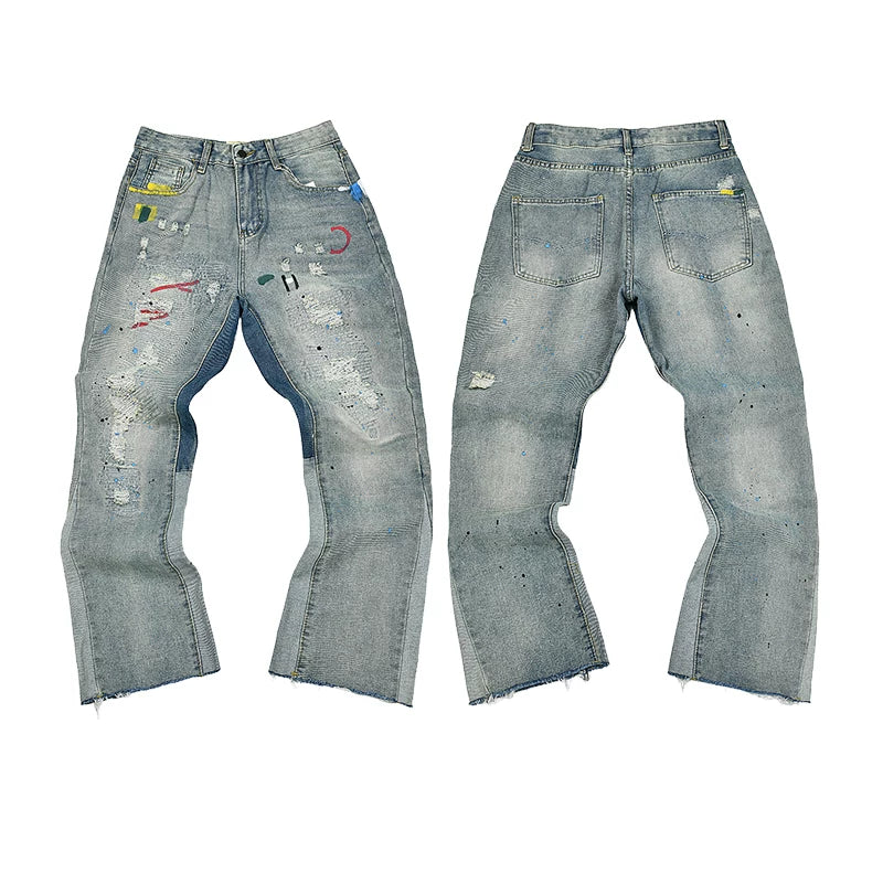 GALLERY DEPT Ink Splashing Graffiti Micro Horn Splicing Casual Loose Jeans Pants Men and Women Piercing Beggar (20)