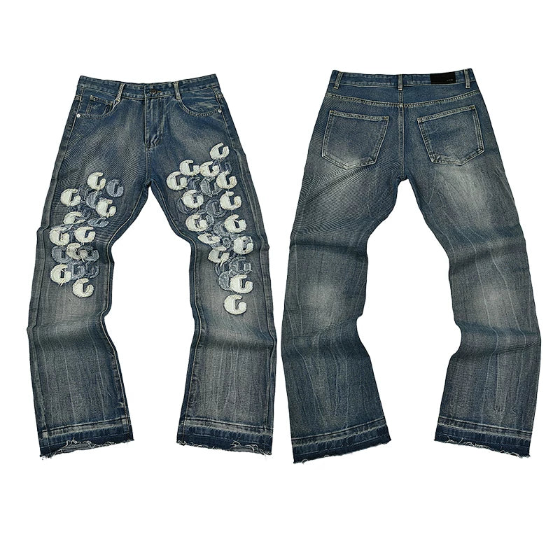 GALLERY DEPT Ink Splashing Graffiti Micro Horn Splicing Casual Loose Jeans Pants Men and Women Piercing Beggar (18)