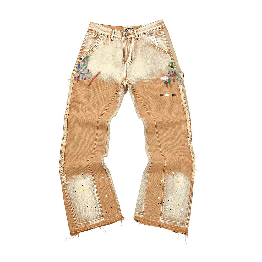 GALLERY DEPT Ink Splashing Graffiti Micro Horn Splicing Casual Loose Jeans Pants Men and Women Piercing Beggar (68)
