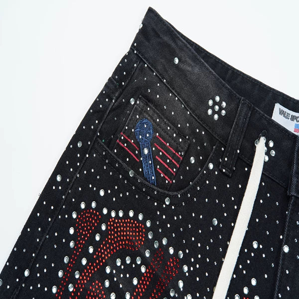 Vale Valley Forever full width hot stamping denim shorts for men and women, loose straight leg casual six quarter pants